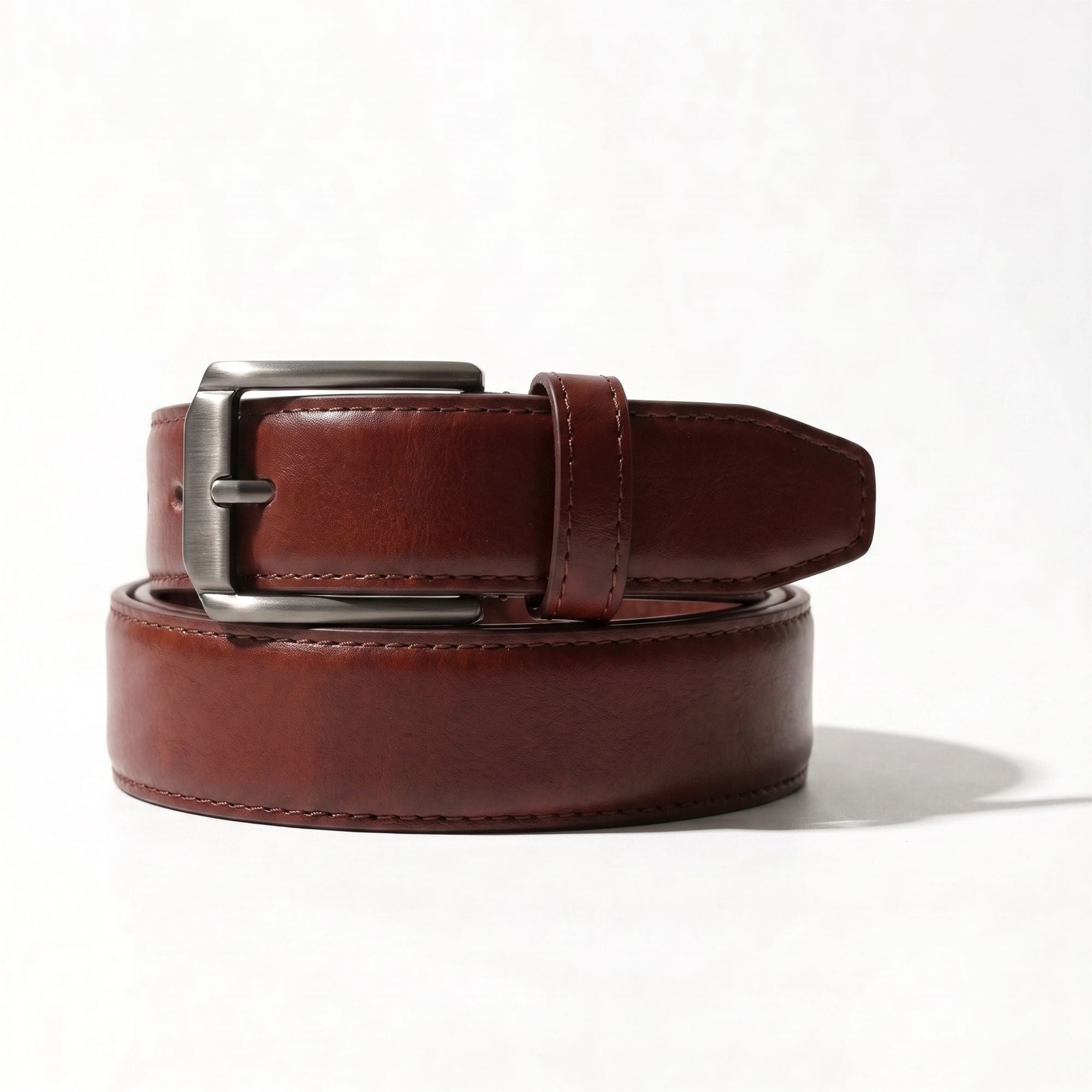 Oxford Genuine Full-Grain Leather Belt for Men | Chestnut Brown | Tonal Stitch | Silver Buckle | Sizes 34–44