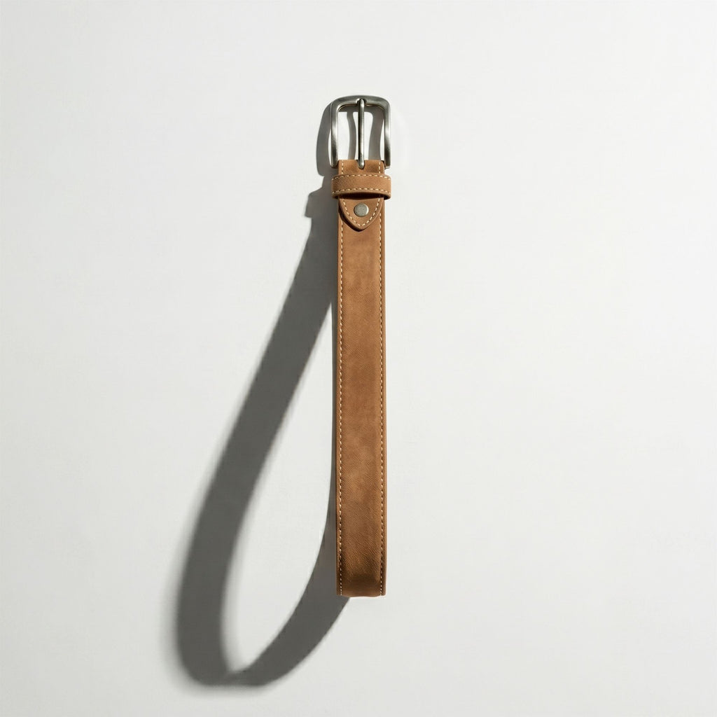 Almond Genuine Nubuck Leather Belt for Men | Light Tan Top Grain | Contrast Stitch | Silver Buckle | Sizes 34–44