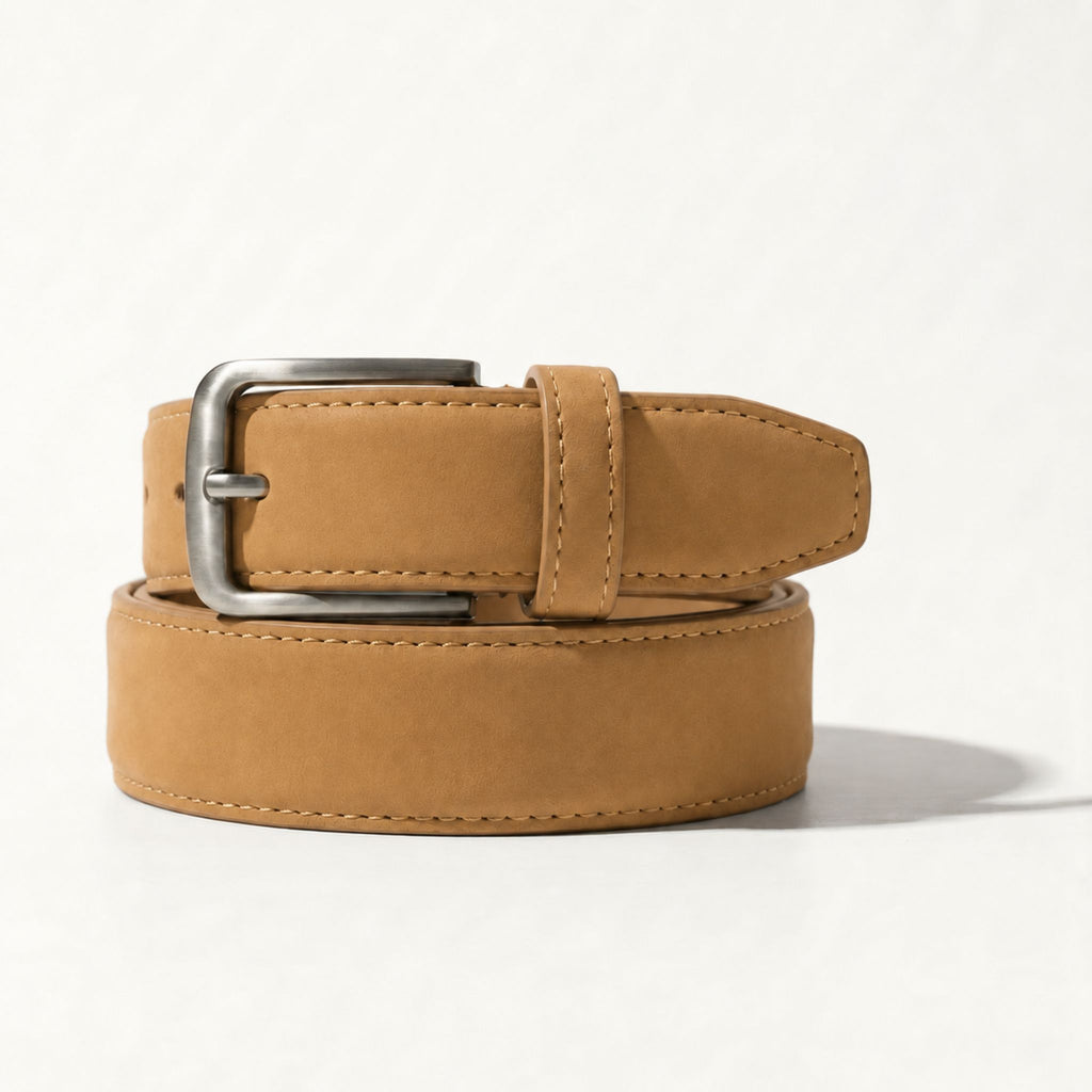 Almond Genuine Nubuck Leather Belt for Men | Light Tan Top Grain | Contrast Stitch | Silver Buckle | Sizes 34–44