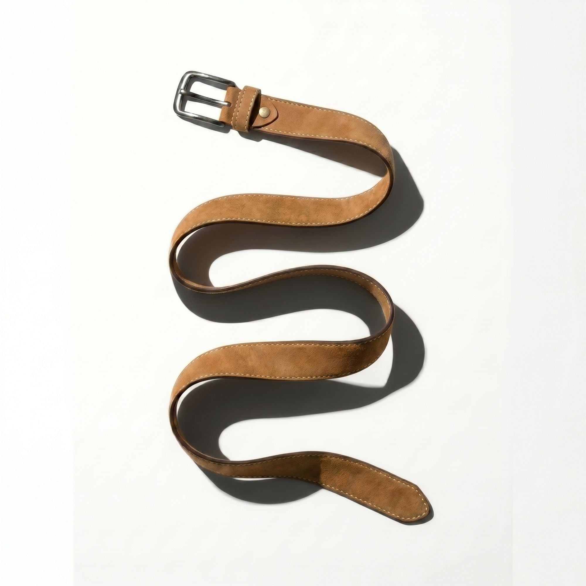 Almond Genuine Nubuck Leather Belt for Men | Light Tan Top Grain | Contrast Stitch | Silver Buckle | Sizes 34–44