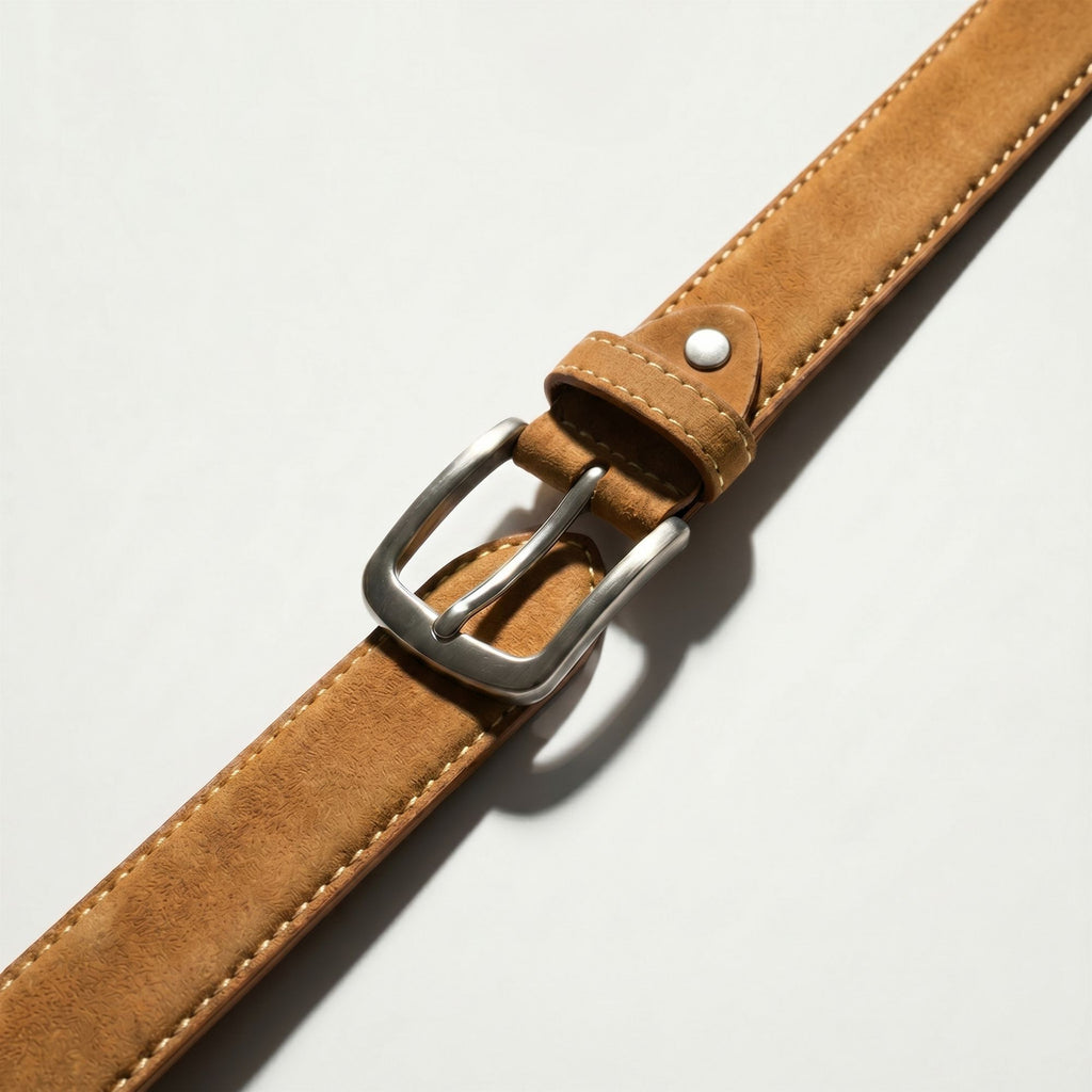 Almond Genuine Nubuck Leather Belt for Men | Light Tan Top Grain | Contrast Stitch | Silver Buckle | Sizes 34–44