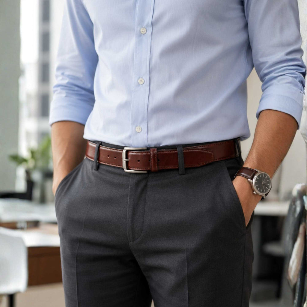 Oxford Genuine Full-Grain Leather Belt for Men | Chestnut Brown | Tonal Stitch | Silver Buckle | Sizes 34–44