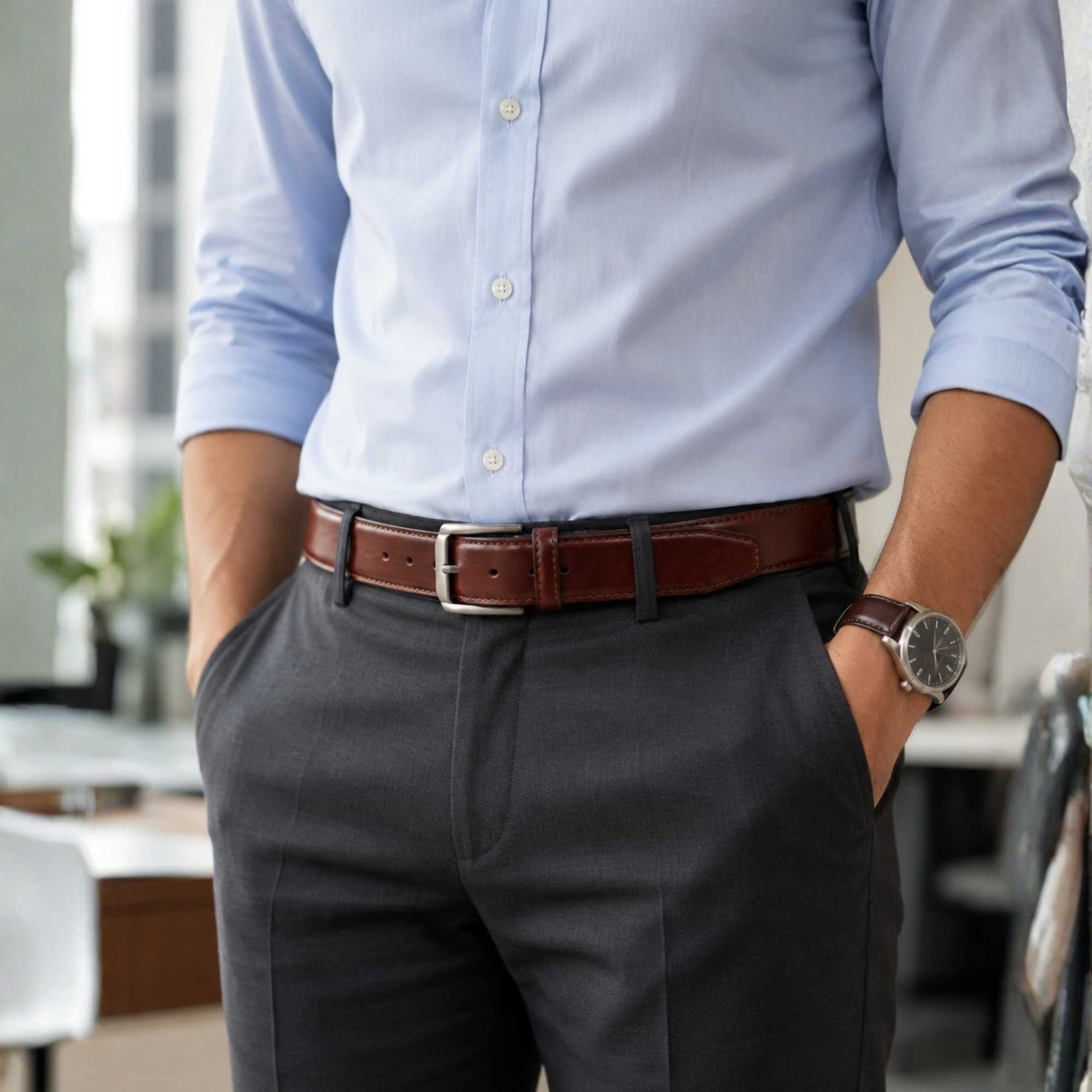 Oxford Genuine Full-Grain Leather Belt for Men | Chestnut Brown | Tonal Stitch | Silver Buckle | Sizes 34–44