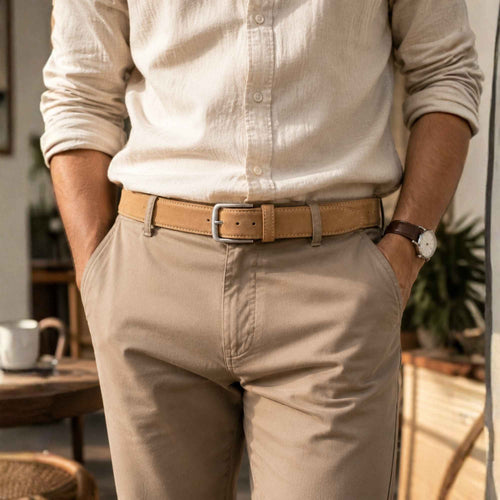 Almond Genuine Nubuck Leather Belt for Men | Light Tan Top Grain | Contrast Stitch | Silver Buckle | Sizes 34–44